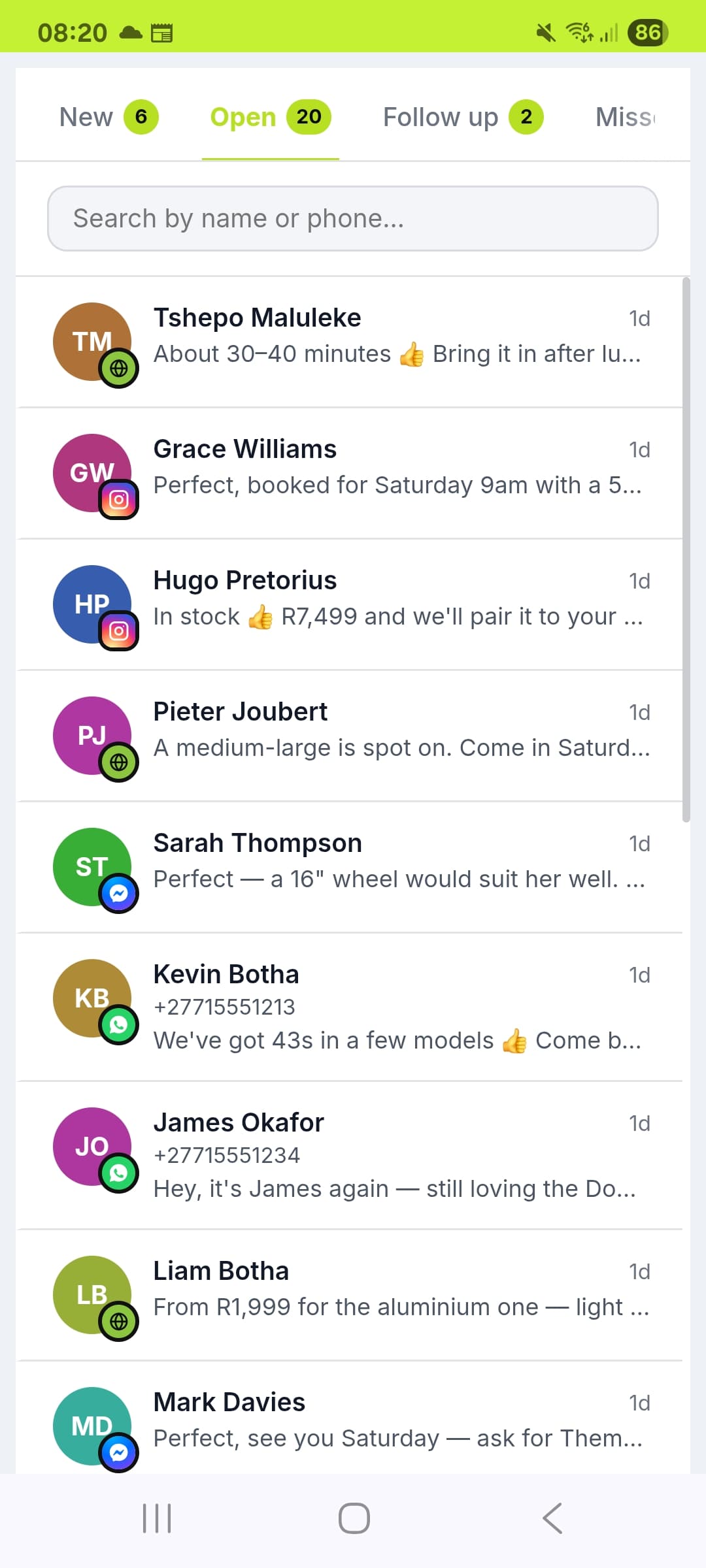 The ChatClose mobile app: WhatsApp, Instagram, Facebook and website conversations in one list, with New, Open and Follow up queues